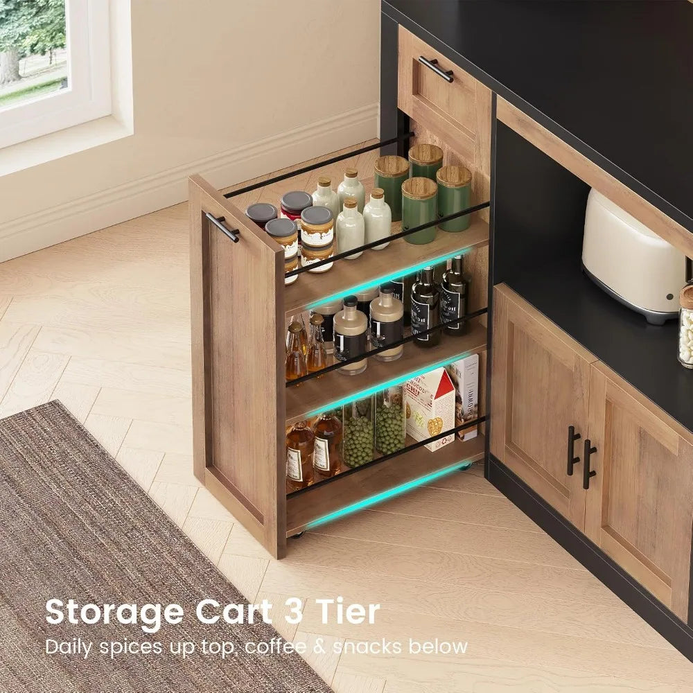 Pantry Cabinet With Charging Station And Lighting Microwave Stand