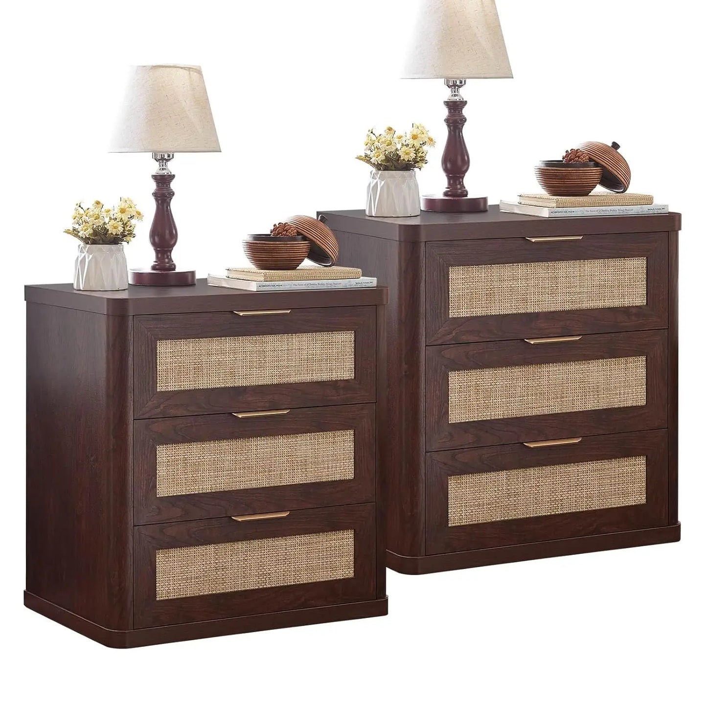 Rattan Nightstand Set Of 2 Boho Natural Wood Bedside Tables With Drawers