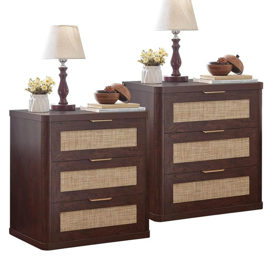 Rattan Nightstand Set Of 2 Boho Natural Wood Bedside Tables With Drawers