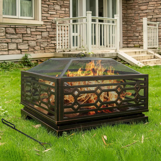Outdoor Wood Burning Fire Pit With Mesh Cover And Poker