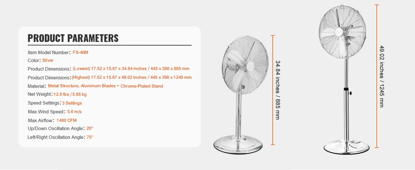 Industrial Pedestal Fan Oscillating 75 Degree Height Adjustment 3 Speed