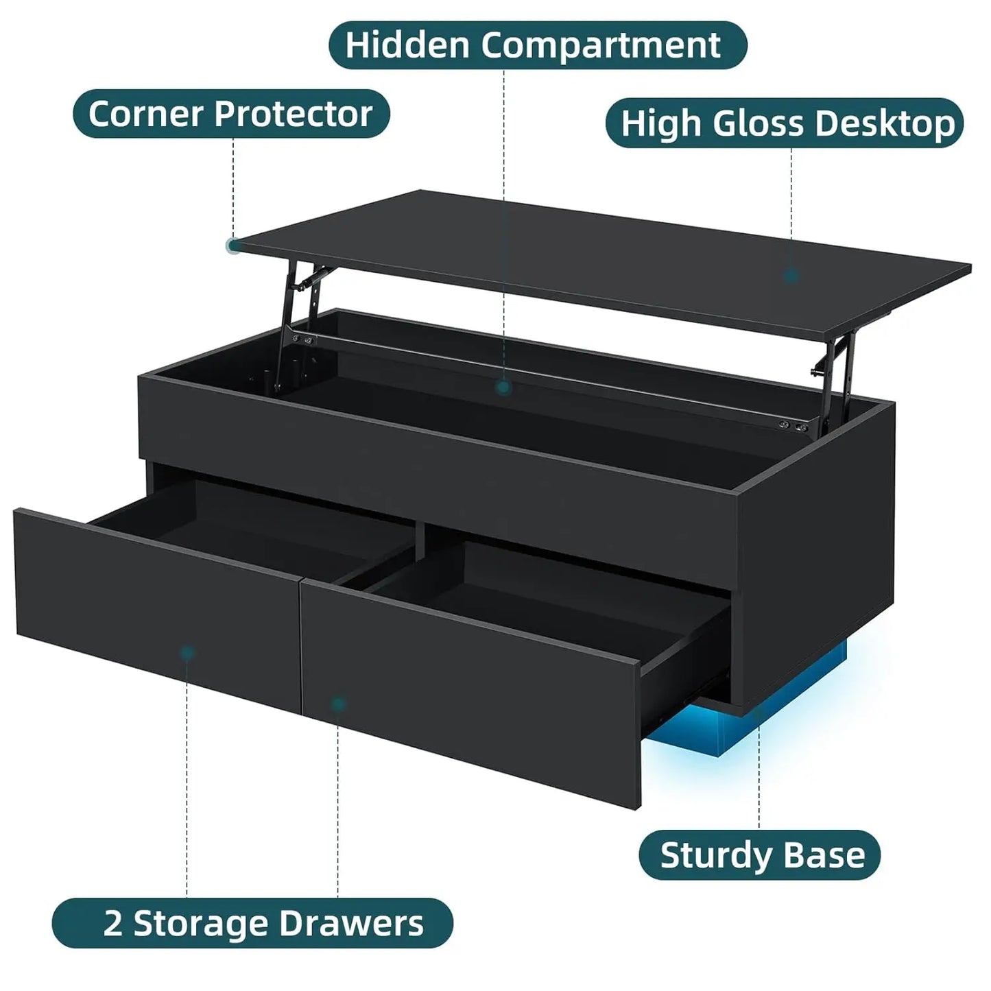 Lift Top Coffee Table With Storage And LED Modern Design