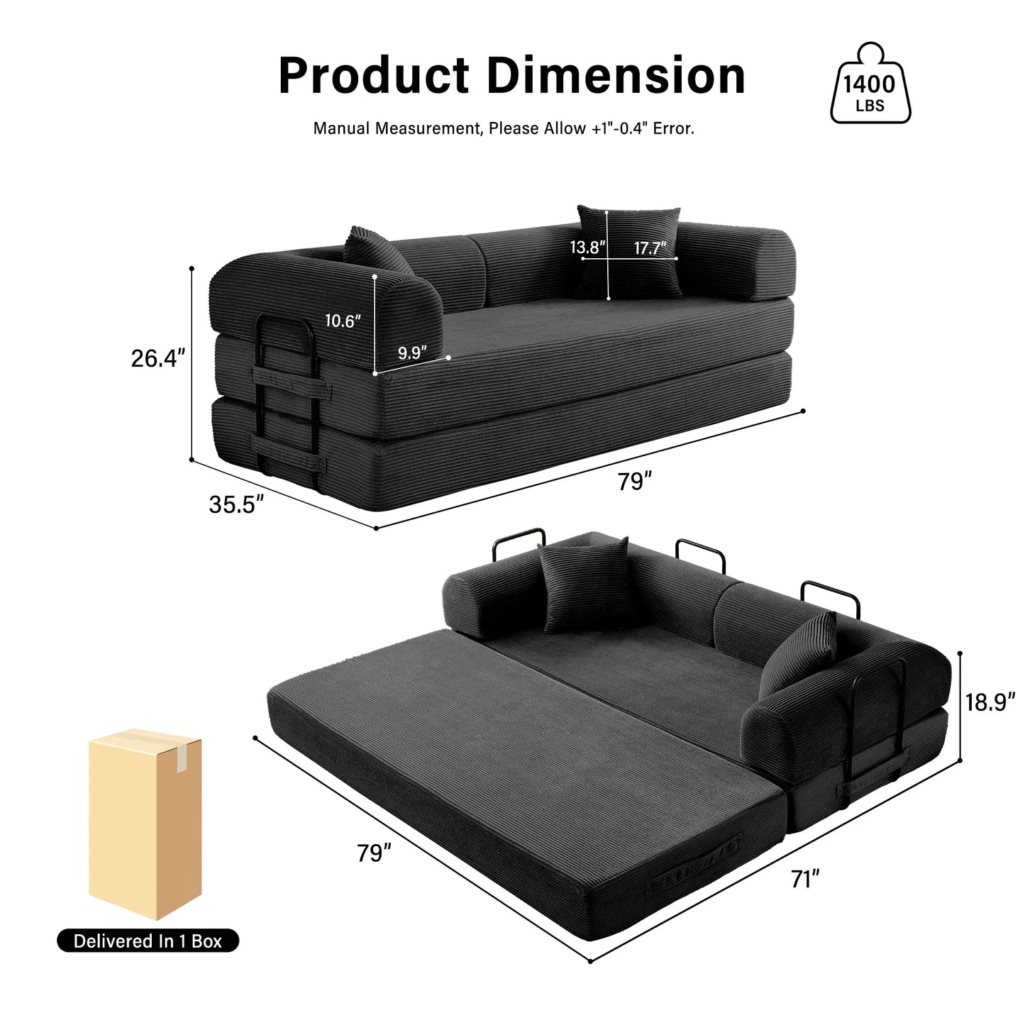 Foldable Convertible Futon Sofa Bed With L Shaped Arms