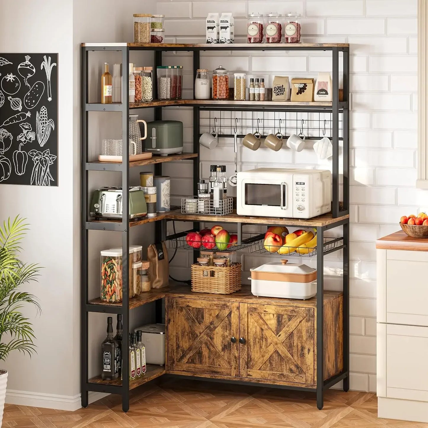 Corner Bakers Rack With Power Outlet Microwave Stand And Shelves