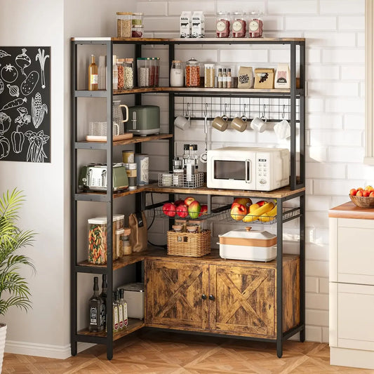 Corner Bakers Rack With Power Outlet Microwave Stand And Shelves