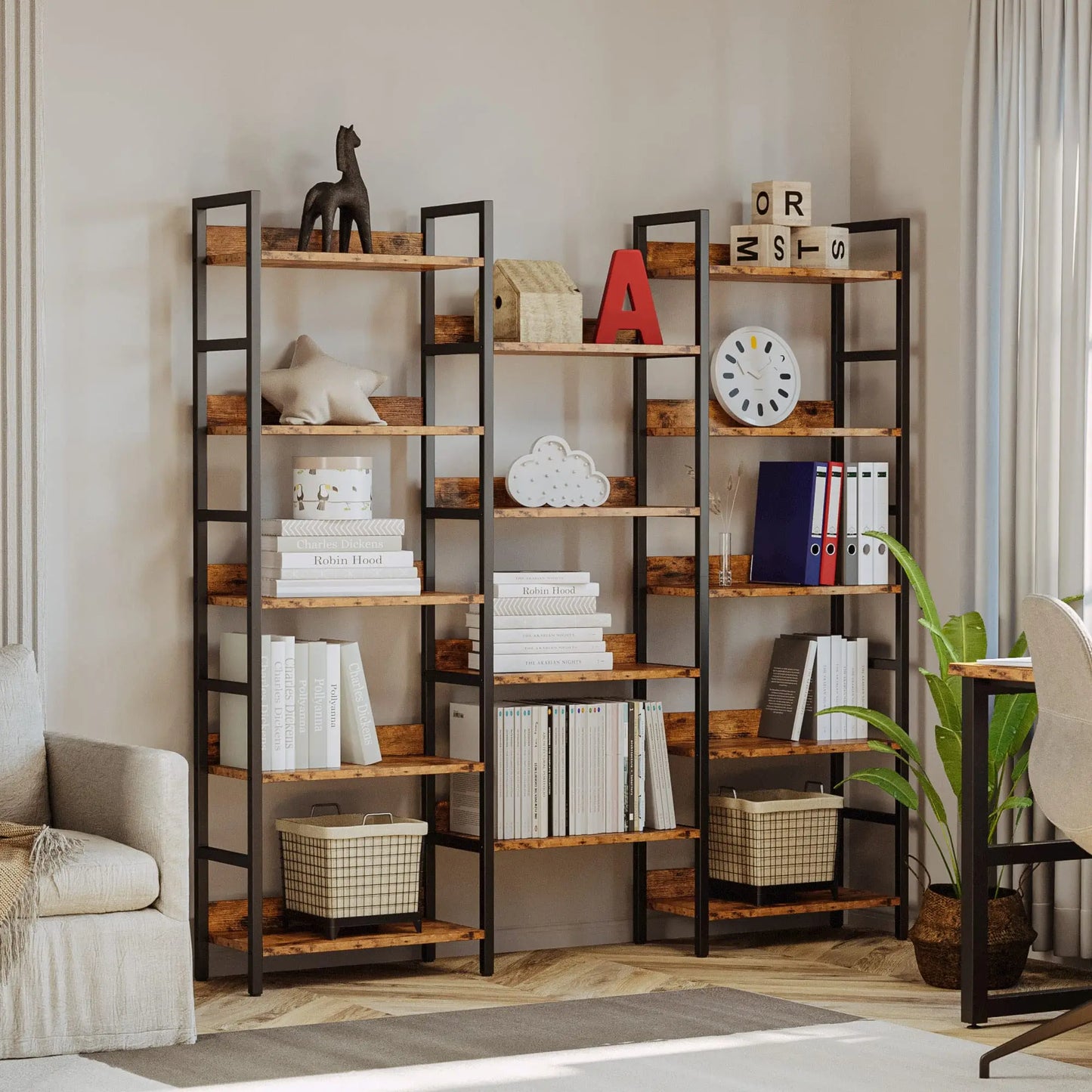 IRONCK Triple Wide 5-Tier Industrial Bookcase with Metal Frame