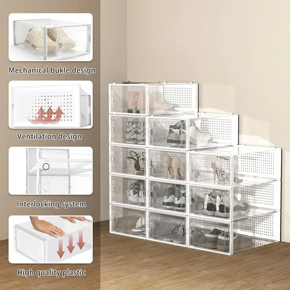 12 Pack Transparent Plastic Stackable Shoe Storage Boxes For Closet Organizer