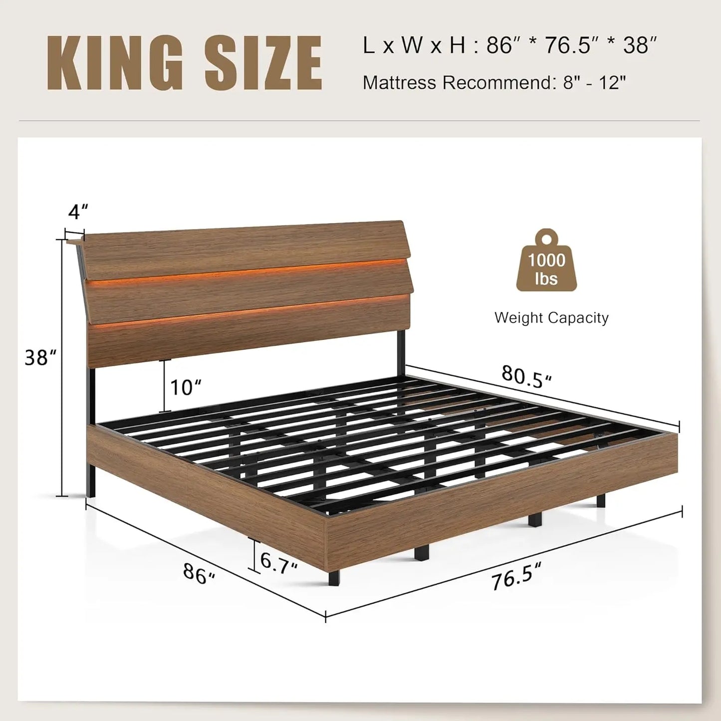 LED Headboard Floating Bed Frame With USB Charging Station Integrated