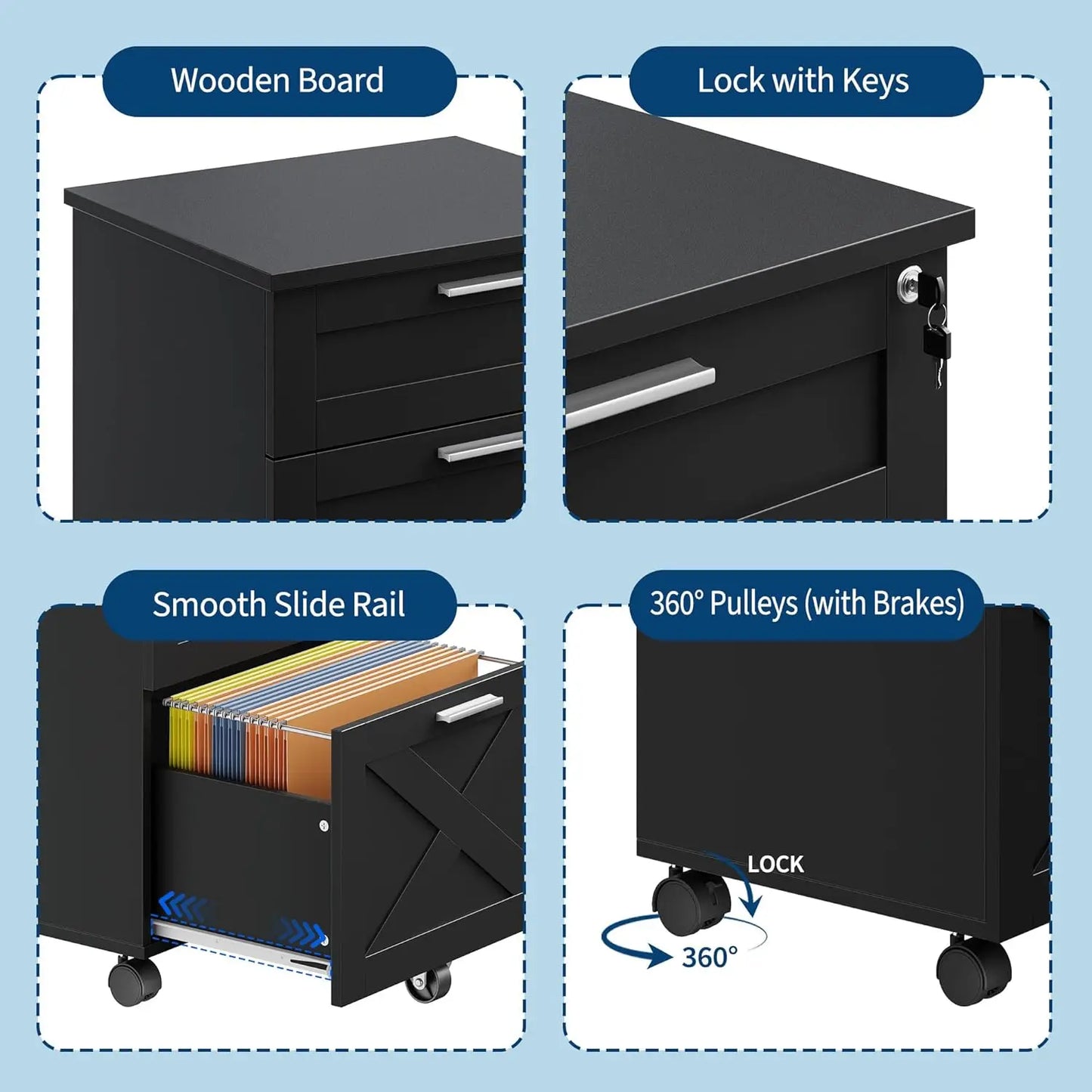 HiMISS 3-Drawer Rolling File Cabinet With Lock For Home Office