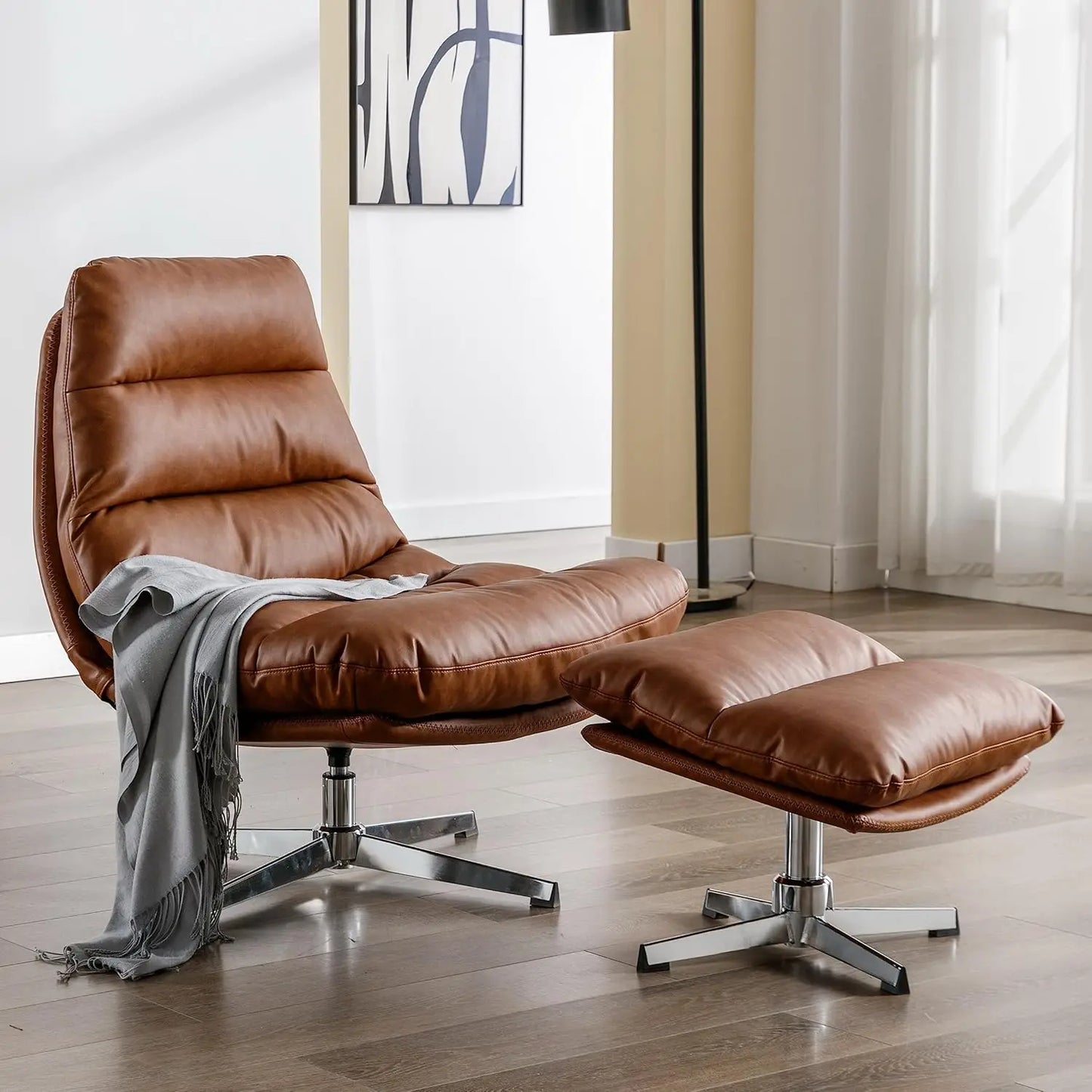 Mid Century Modern Faux Leather Accent Chair With Ottoman