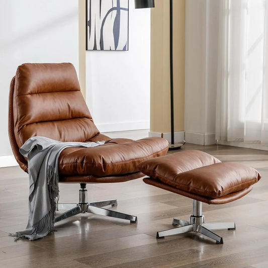 Mid Century Modern Faux Leather Accent Chair With Ottoman