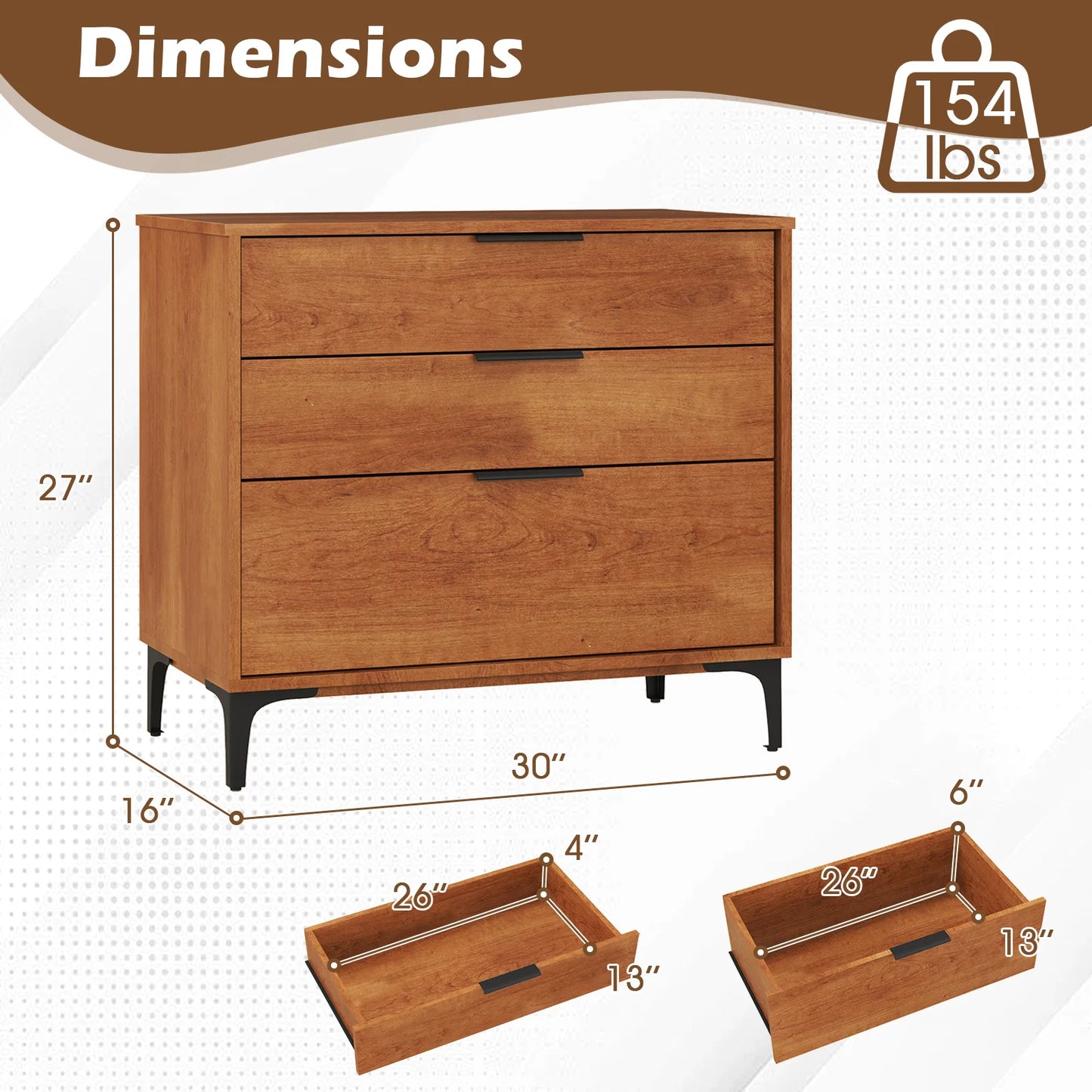 Homasis 3-Drawer Dresser With Metal Support Legs And Anti-Tipping Kit