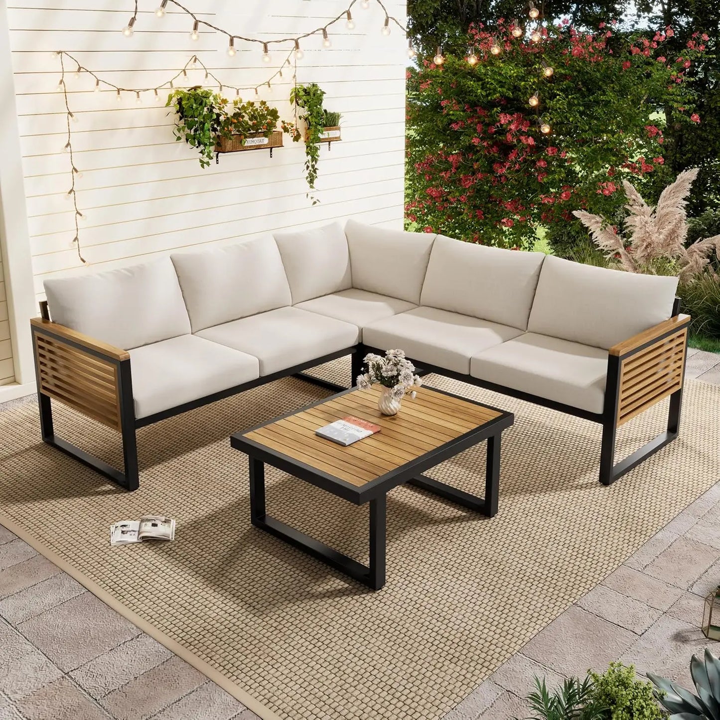 Acacia Wood Outdoor Slatted 4 Piece Sectional Sofa Set Cushions