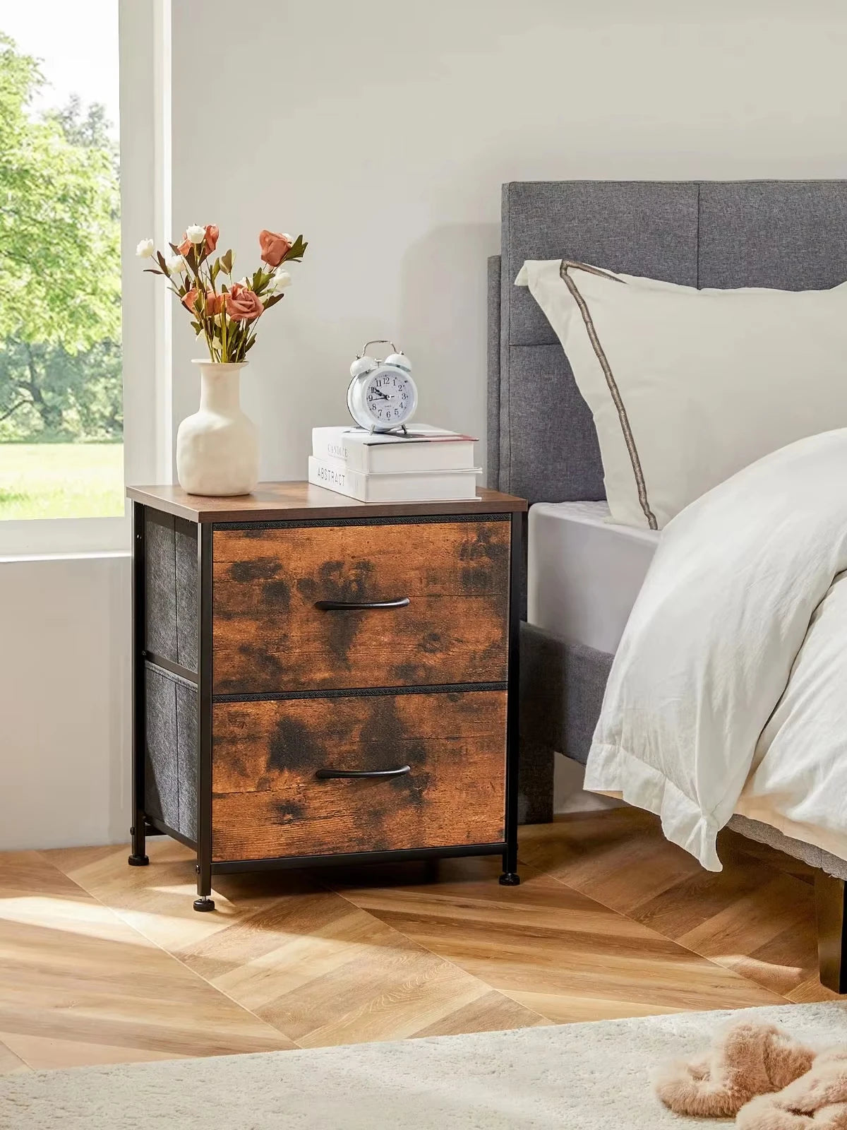 JHK Nightstand With Storage Drawers Bedside Table Modern Metal Frame