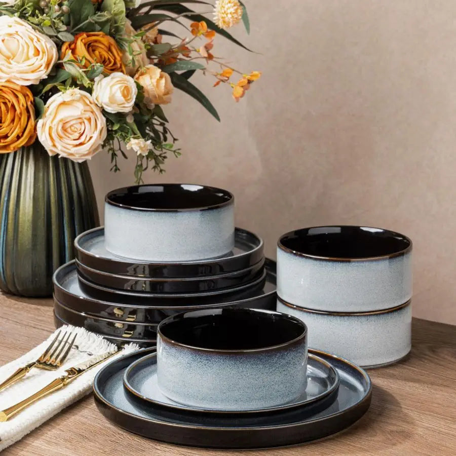 Reactive Glaze Round Ceramic Dinnerware Set for 4 Microwave Safe