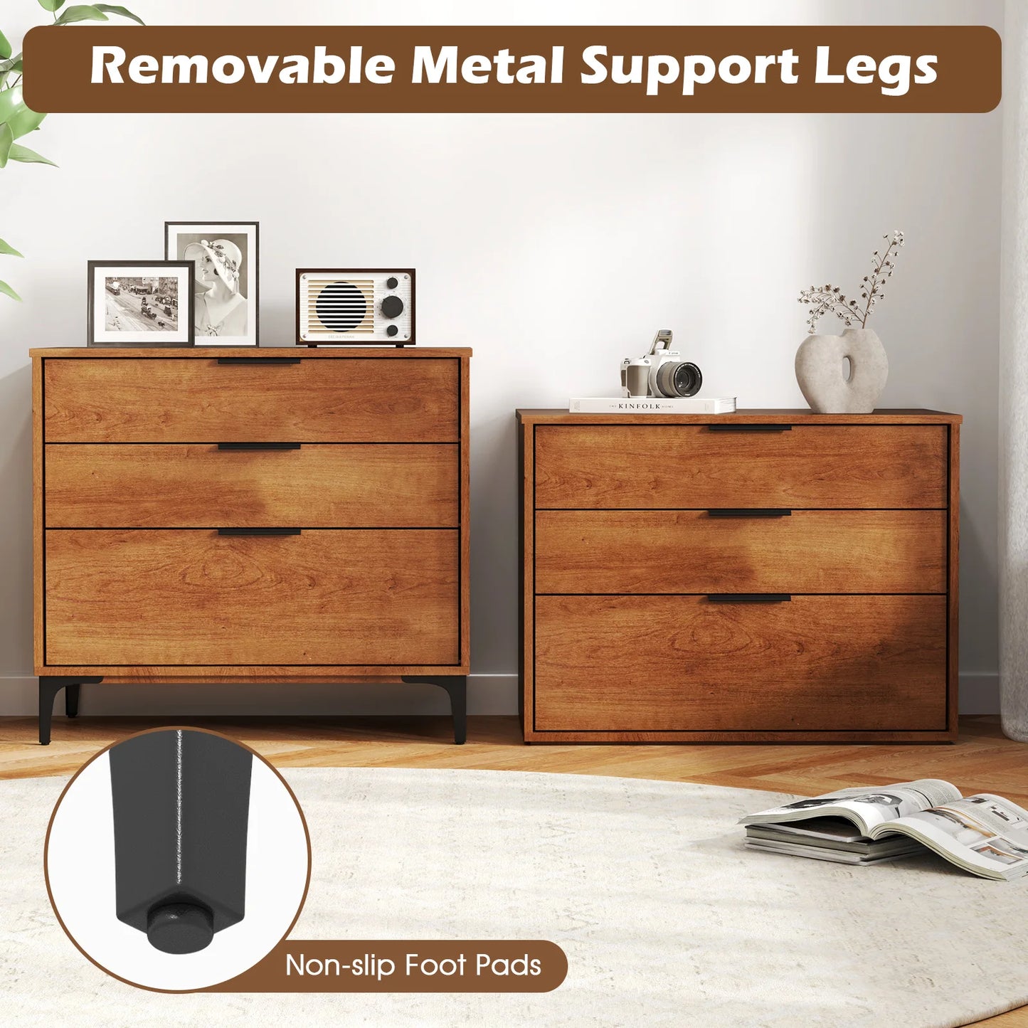 Homasis 3-Drawer Dresser With Metal Support Legs And Anti-Tipping Kit