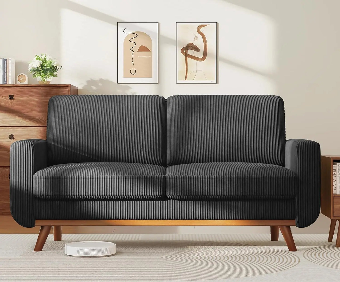 L Shape Modular Sectional Sofa 3 Seat Corduroy Movable Ottoman