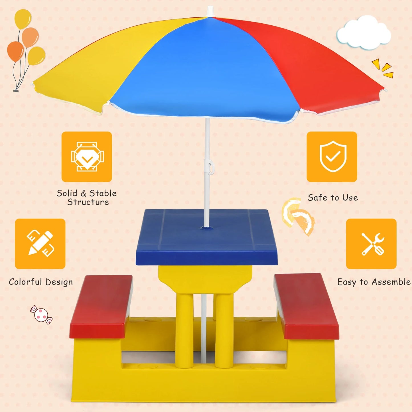 Kids Picnic Table Set With Removable Umbrella For Indoor Outdoor