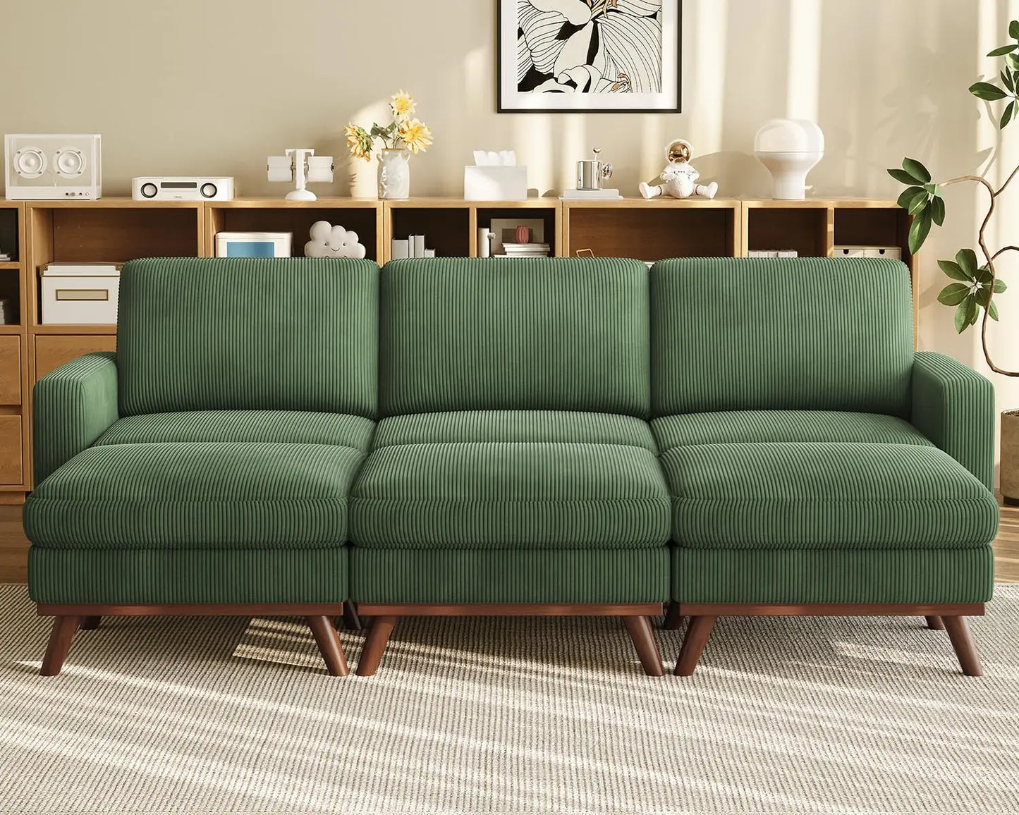 L Shape Modular Sectional Sofa 3 Seat Corduroy Movable Ottoman