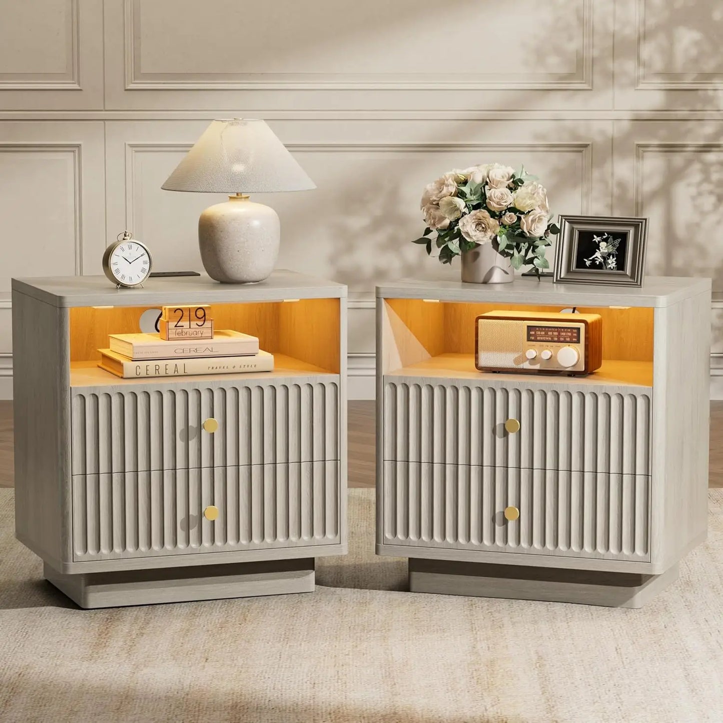 Two-Drawer Nightstand Set With Charging Station And LED Motion Sensor