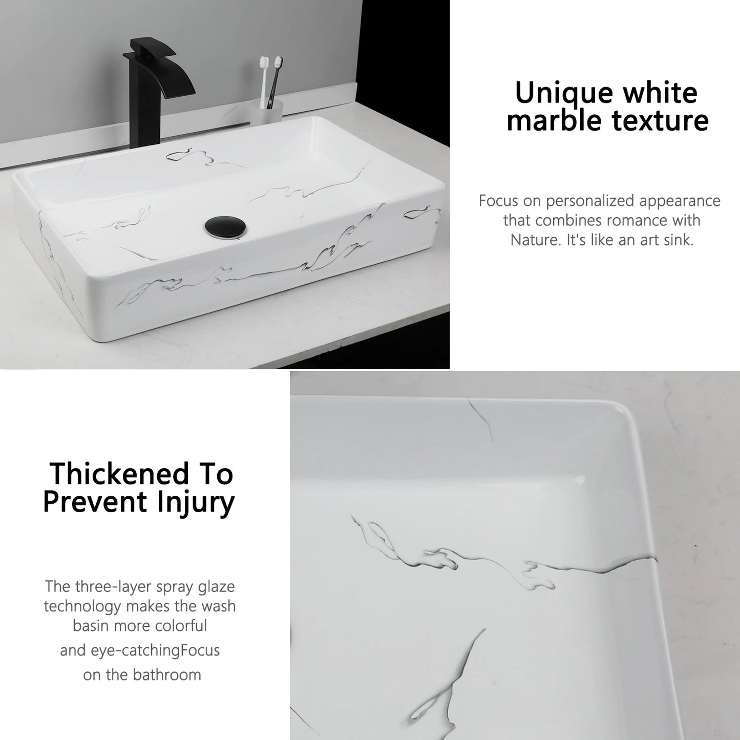 KEMAIDI Rectangular Marble Ceramic Vessel Sink With Faucet Set