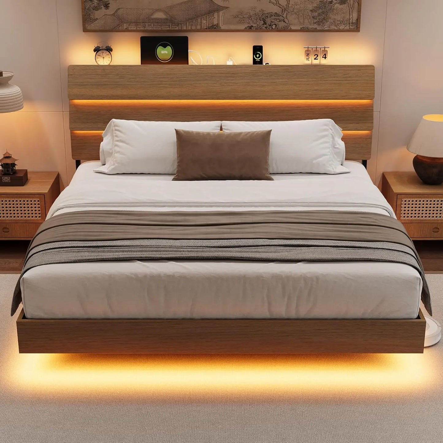 LED Headboard Floating Bed Frame With USB Charging Station Integrated