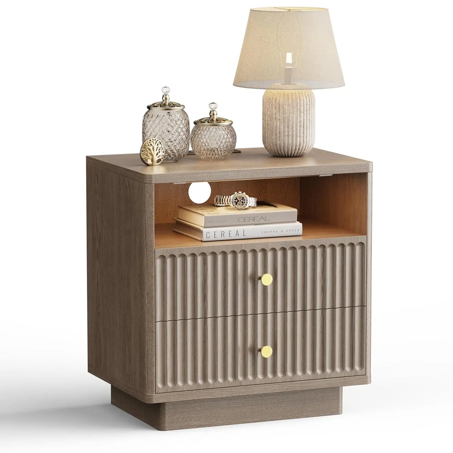 Two-Drawer Nightstand Set With Charging Station And LED Motion Sensor