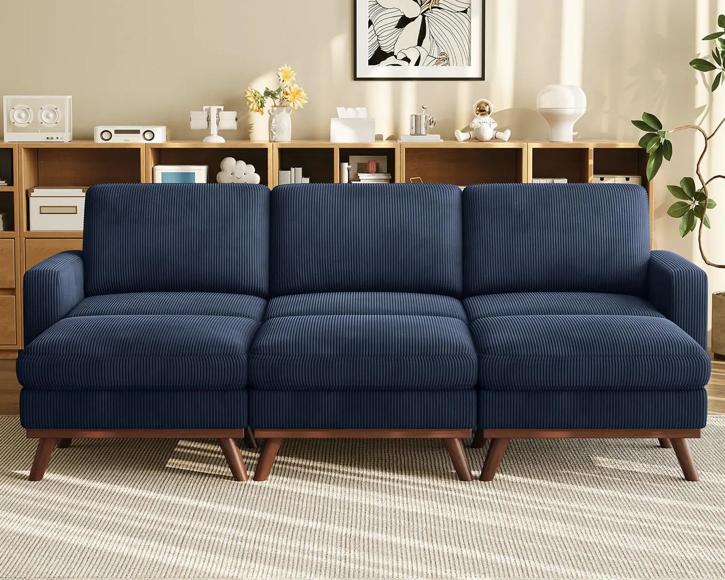 L Shape Modular Sectional Sofa 3 Seat Corduroy Movable Ottoman