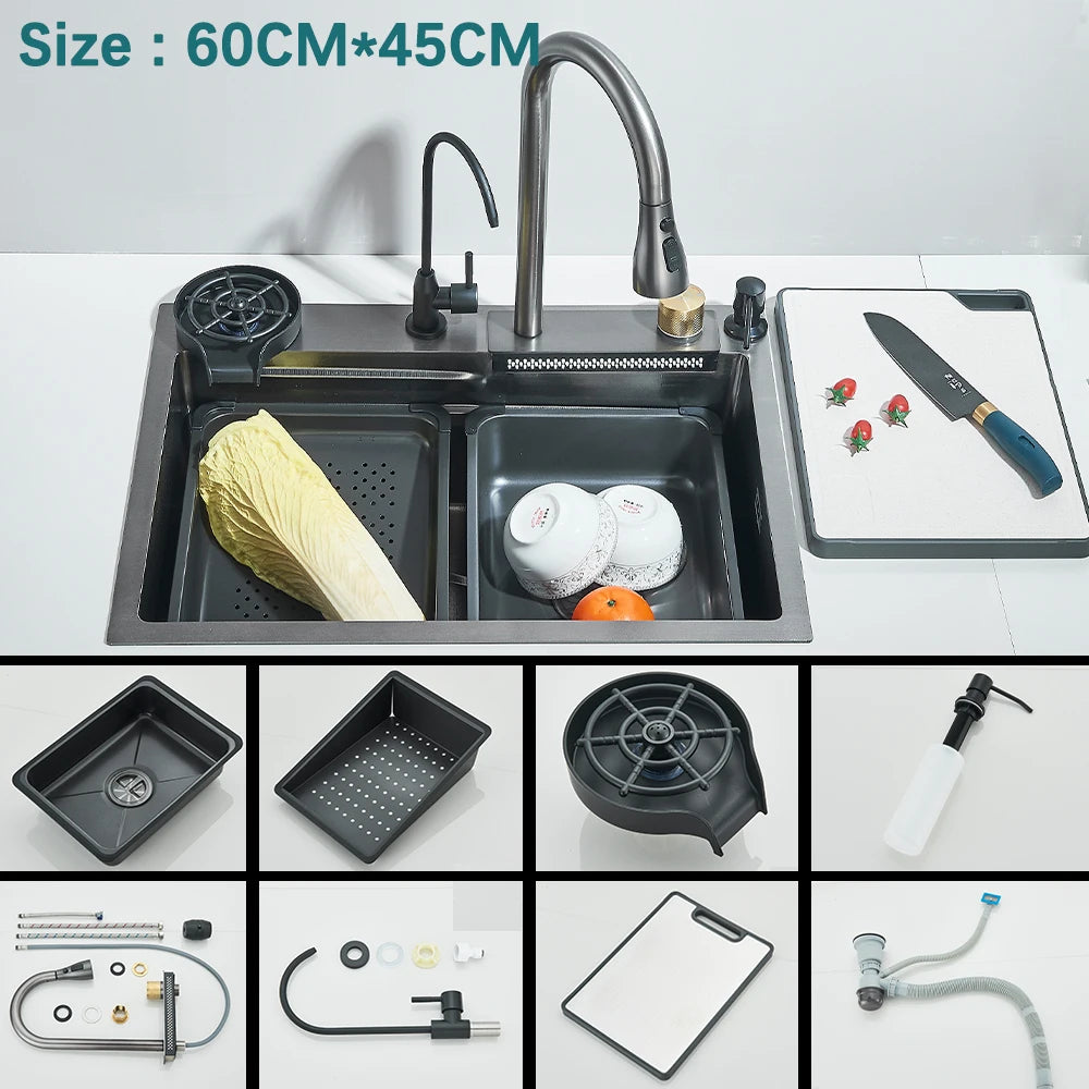 Multifunctional Kitchen Waterfall Sink With Digital Display, 304 Stainless Steel