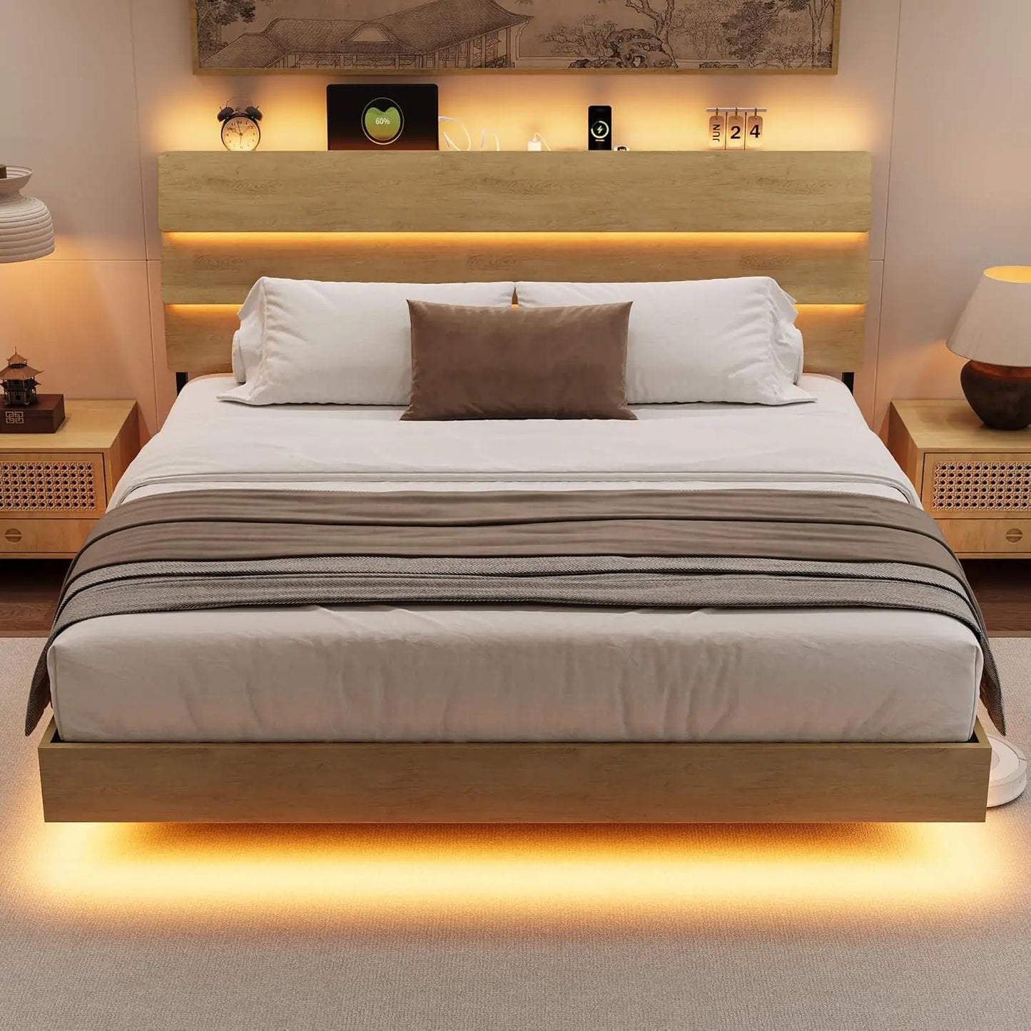 LED Headboard Floating Bed Frame With USB Charging Station Integrated