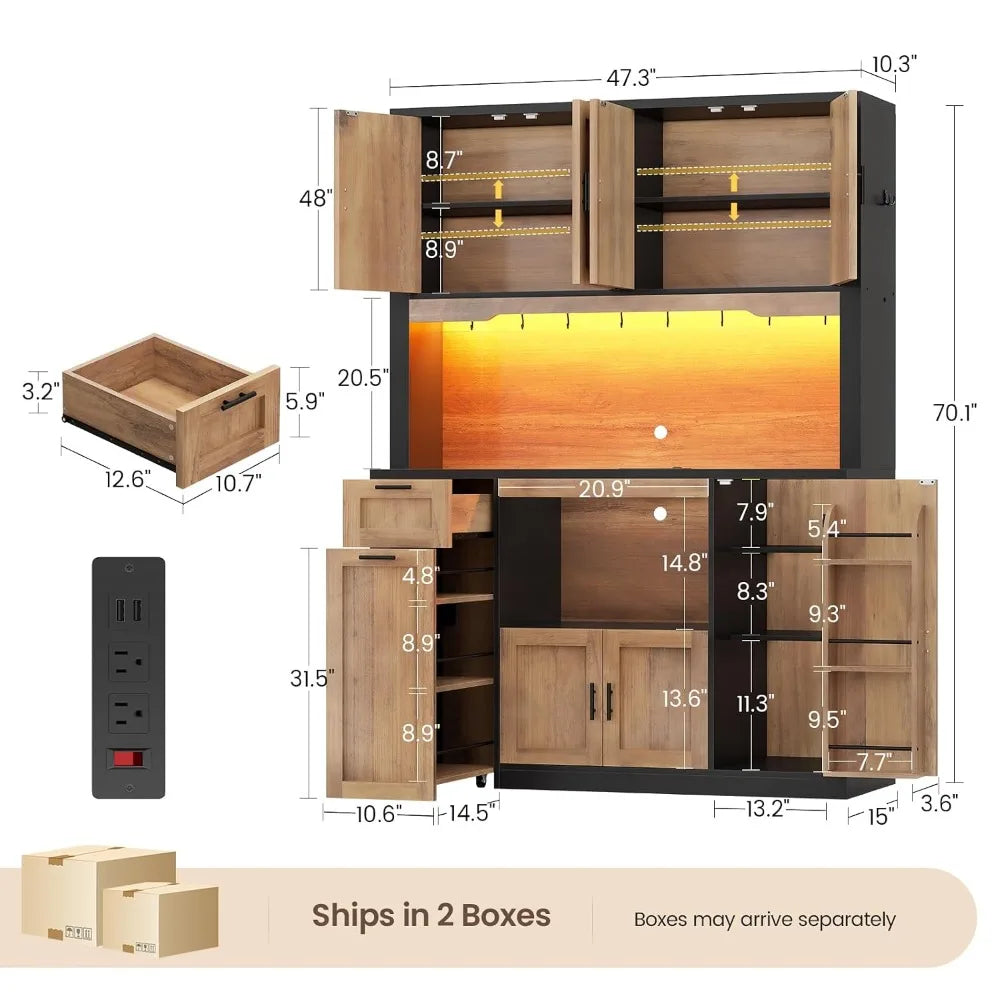 Pantry Cabinet With Charging Station And Lighting Microwave Stand