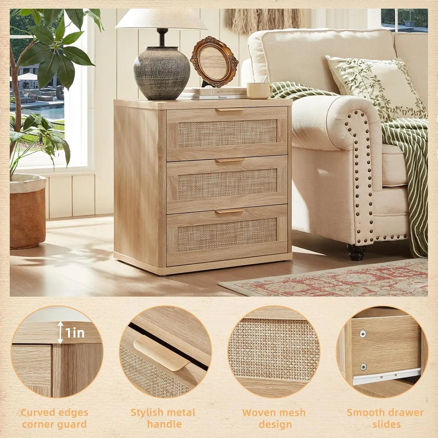 Rattan Nightstand Set Of 2 Boho Natural Wood Bedside Tables With Drawers