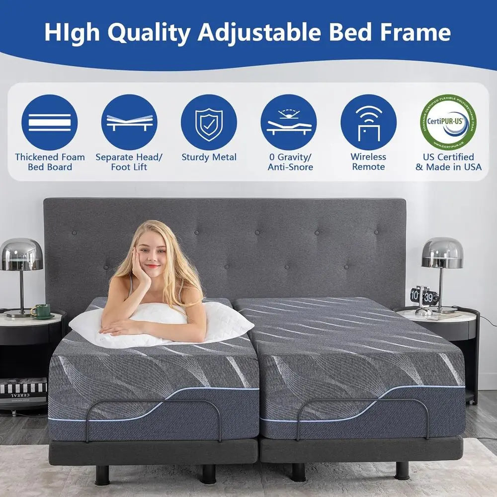 Gel Memory Foam Mattress On Adjustable Bed Base With Wireless Remote