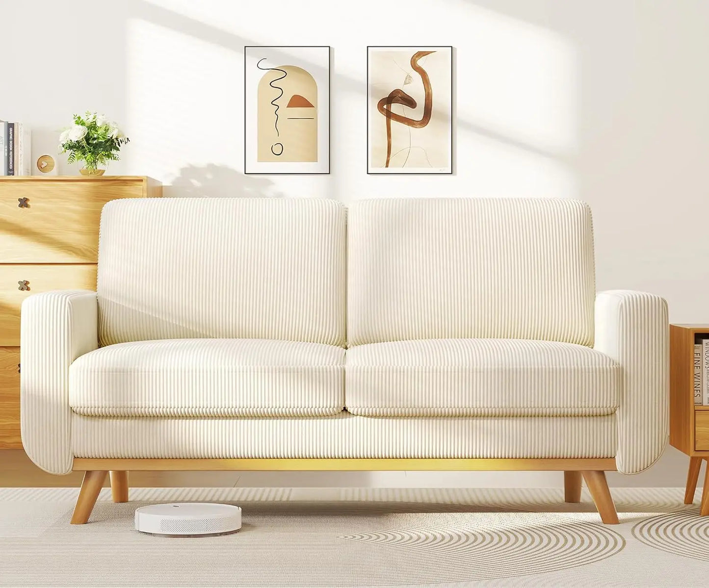 L Shape Modular Sectional Sofa 3 Seat Corduroy Movable Ottoman