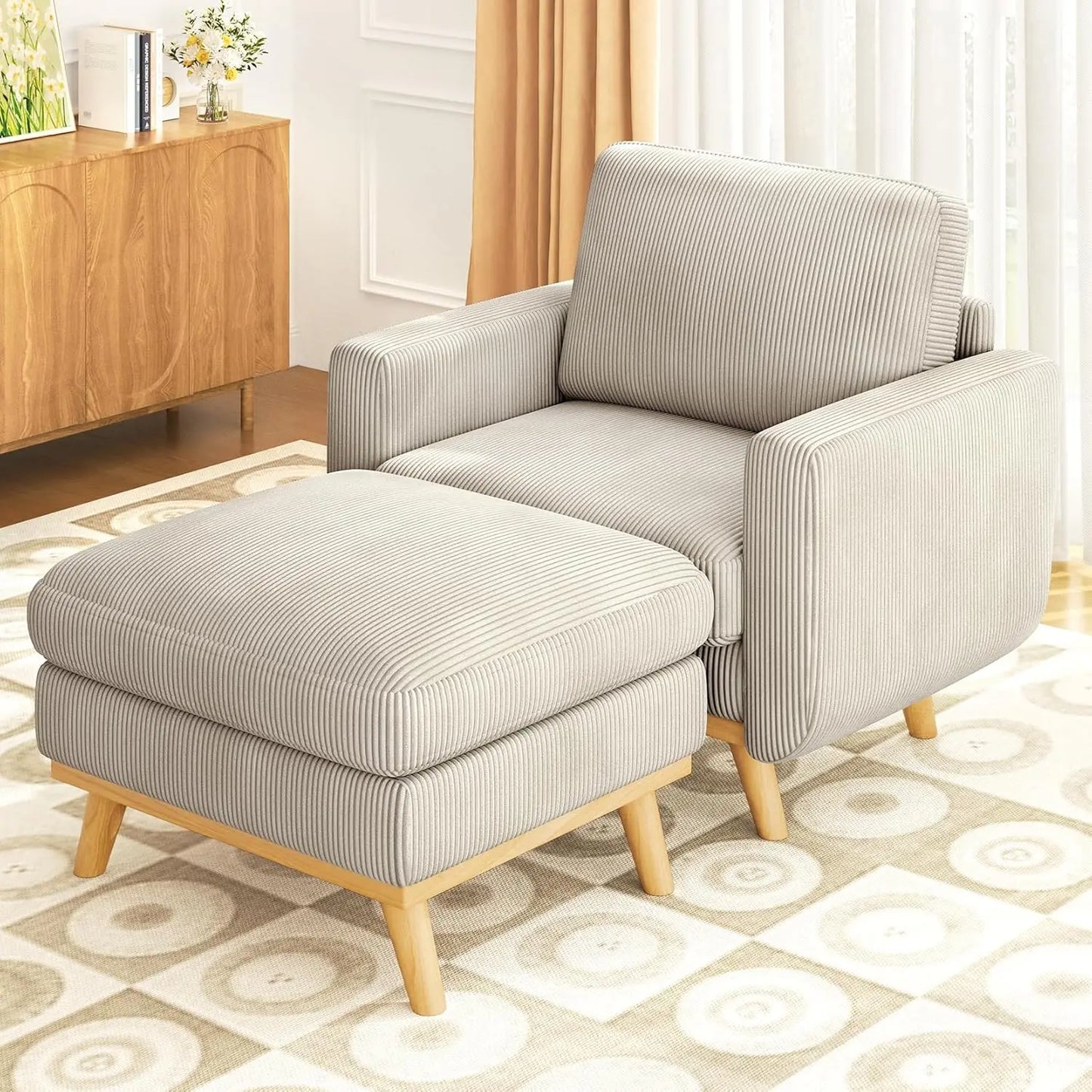 L Shape Modular Sectional Sofa 3 Seat Corduroy Movable Ottoman