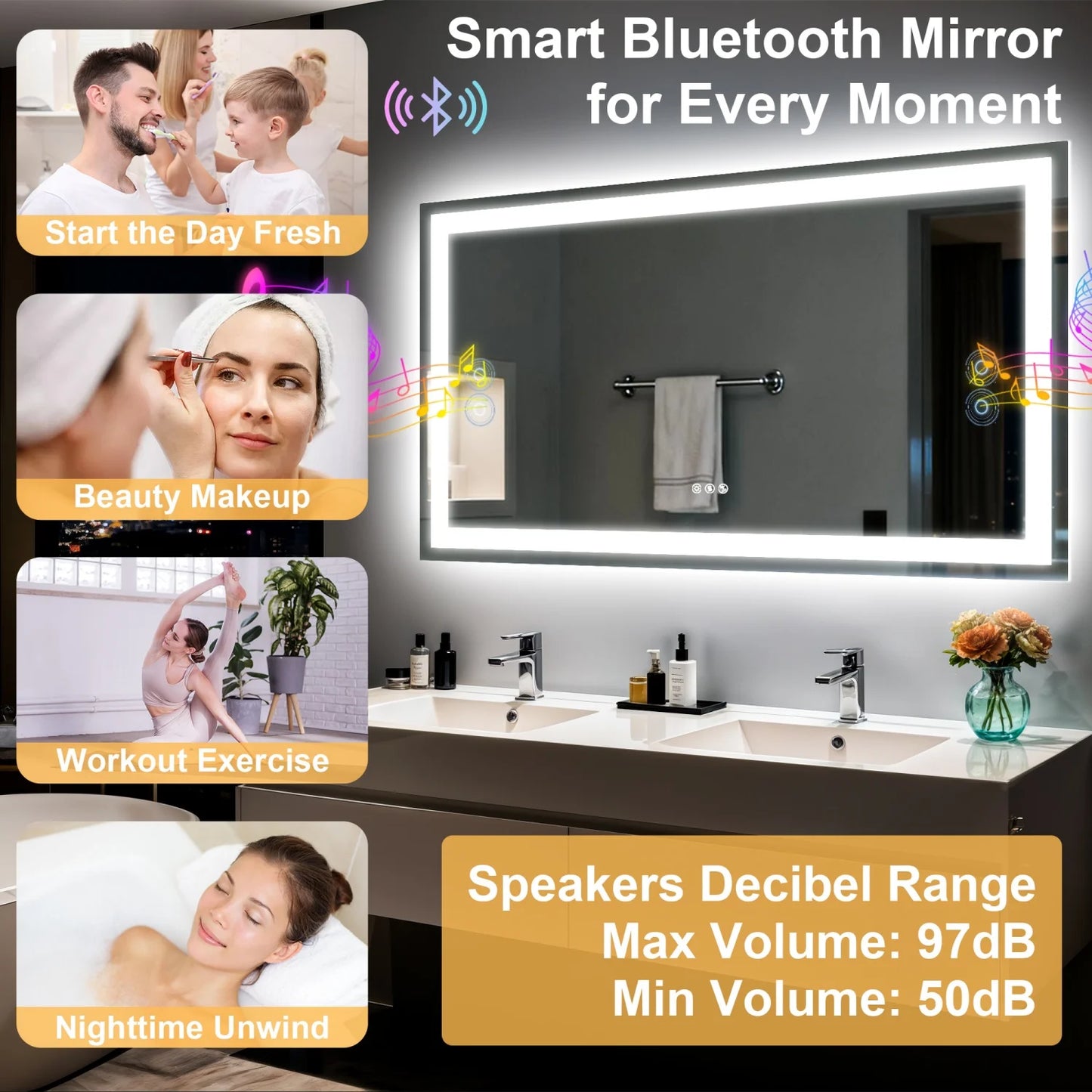 LED Bathroom Mirror With Bluetooth Speaker And Anti Fog Backlit