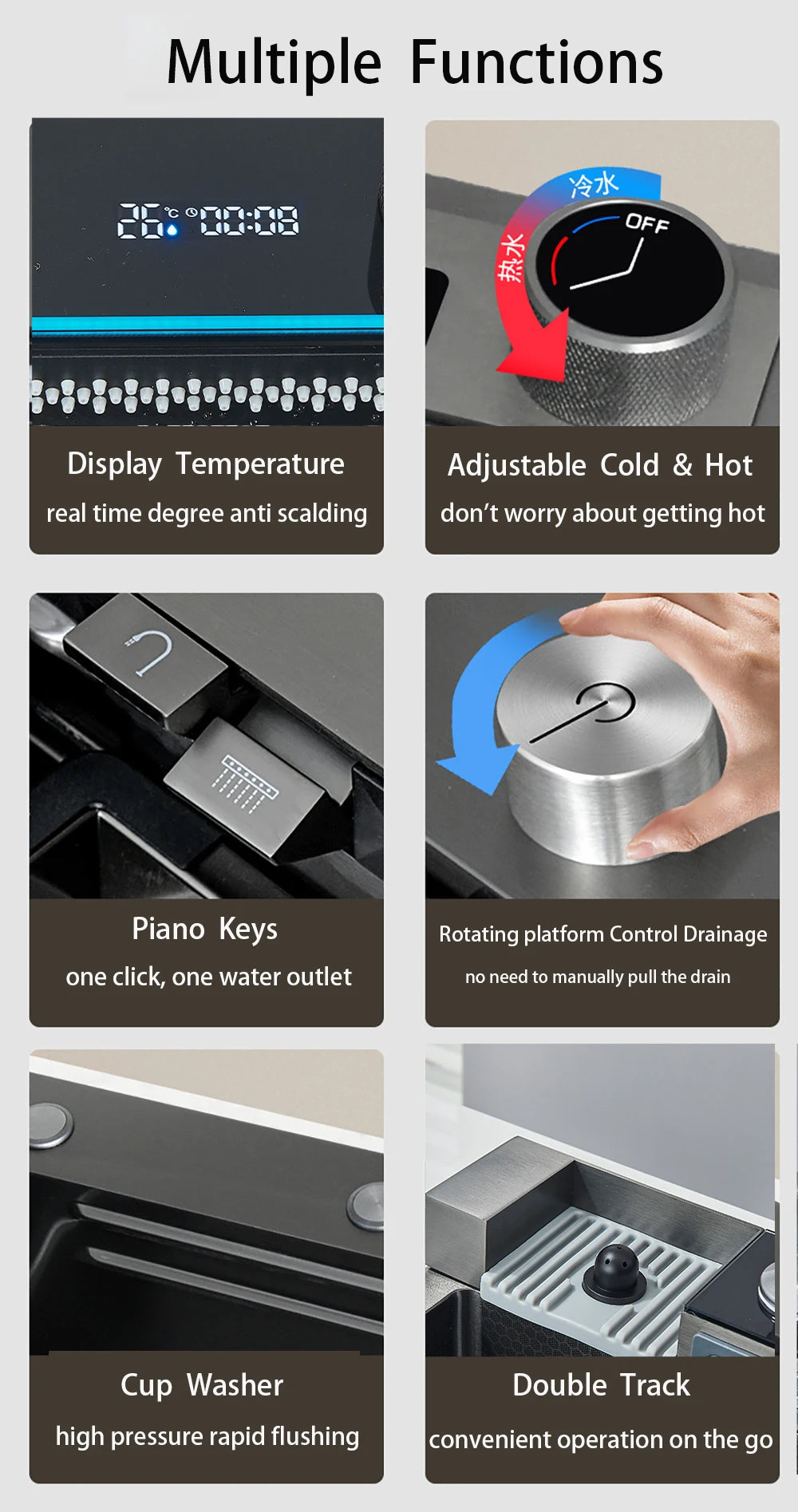 Multifunctional Kitchen Waterfall Sink With Digital Display, 304 Stainless Steel