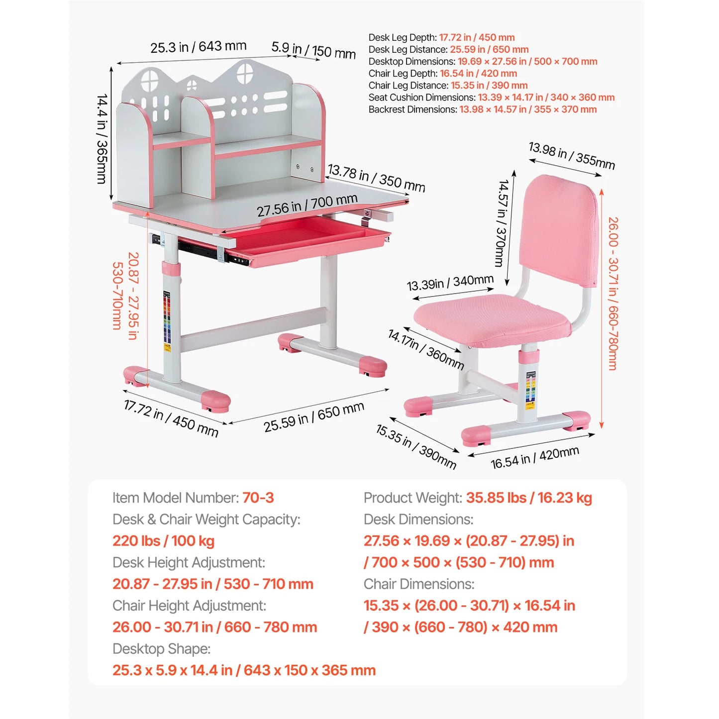 SucceBuy Kids Study Desk and Chair Set with Adjustable Height