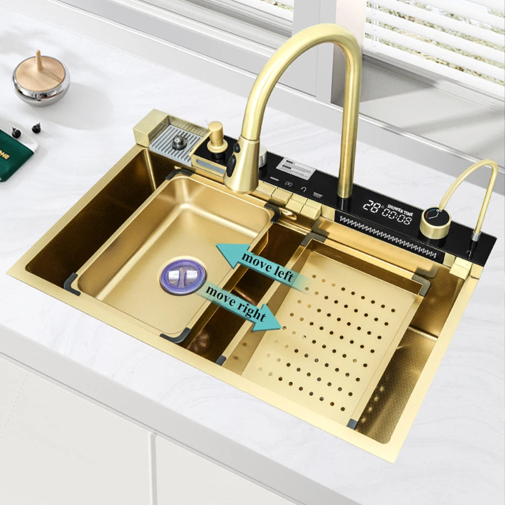Multifunctional Kitchen Waterfall Sink With Digital Display, 304 Stainless Steel
