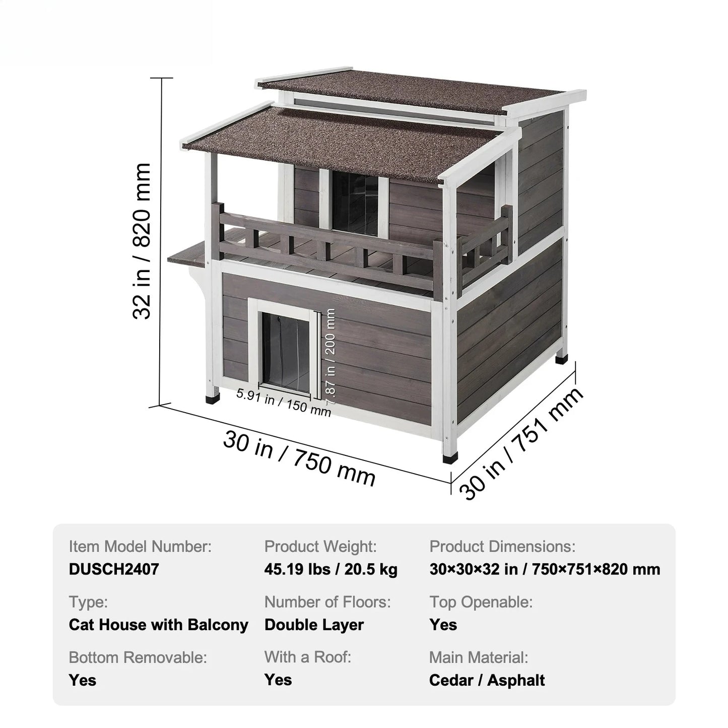 Weatherproof Outdoor Cat House Two Story Wooden Shelter With Balcony