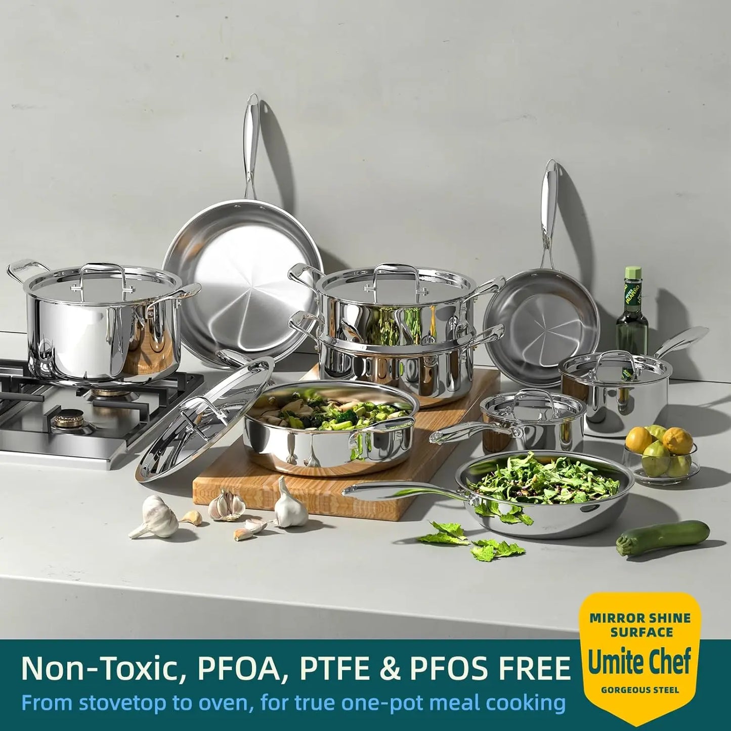 5-Ply Stainless Steel Cookware Set Induction Compatible Oven Safe