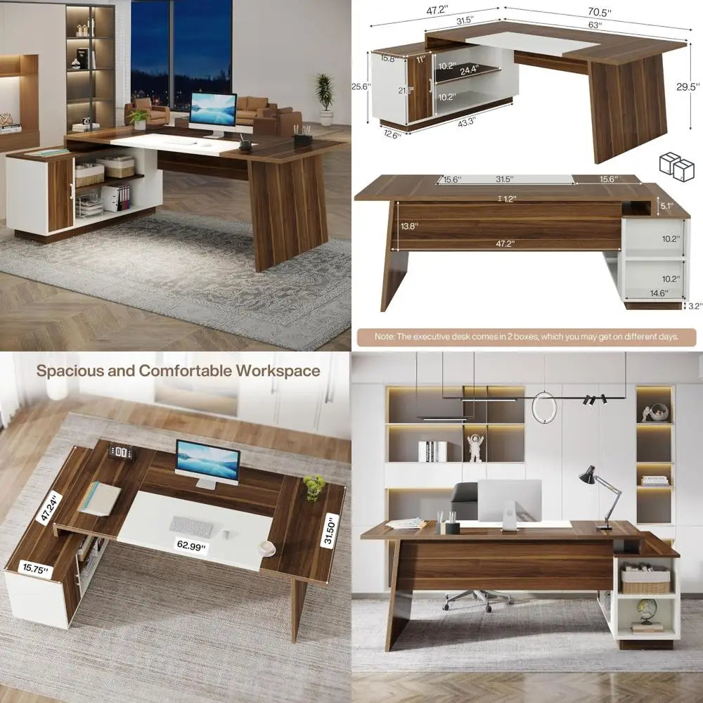 L-Shaped Executive Desk With Storage And Shelves Mid-Century Modern