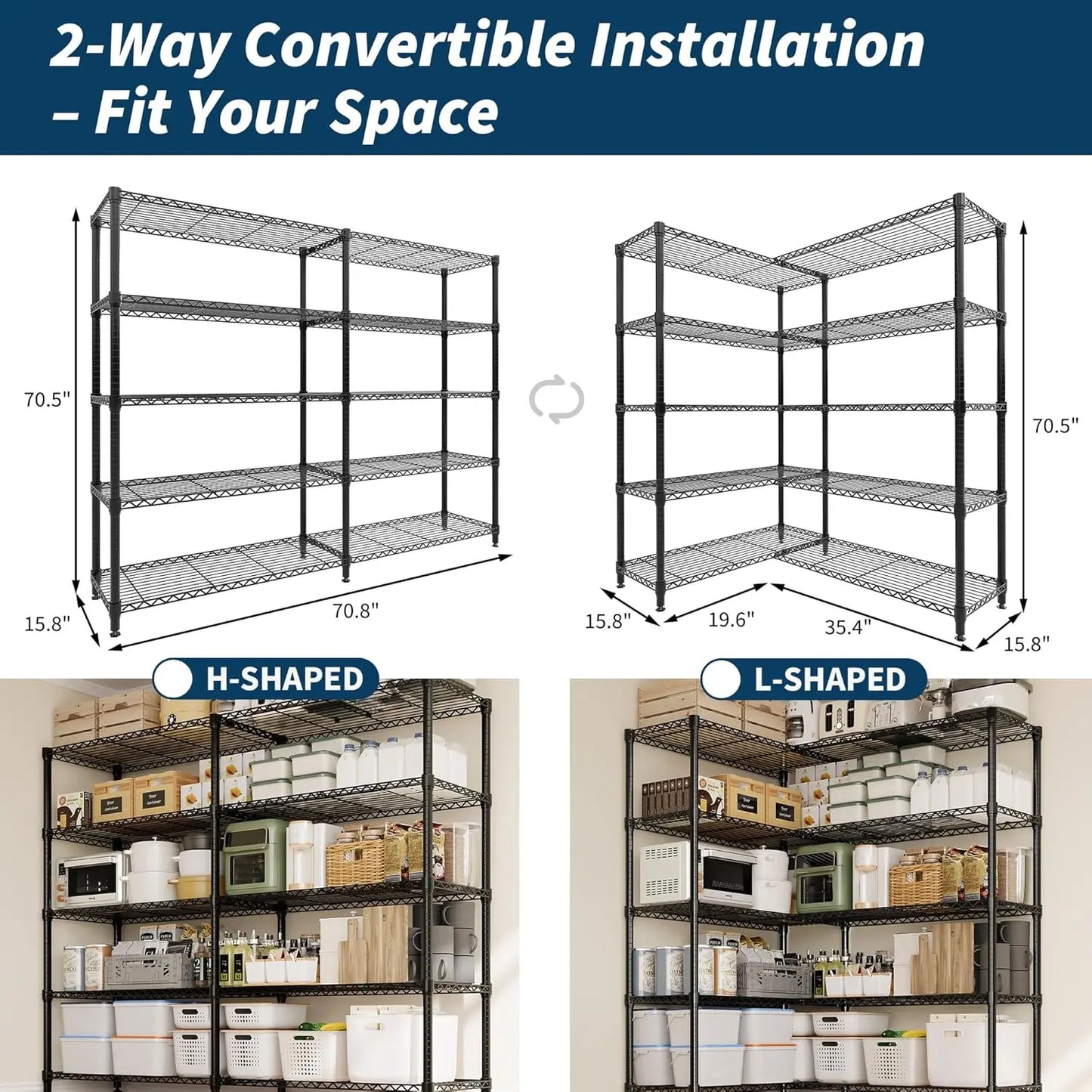 HiMISS Heavy Duty Wire Shelving Unit 5 Tier L Shaped Pantry Rack