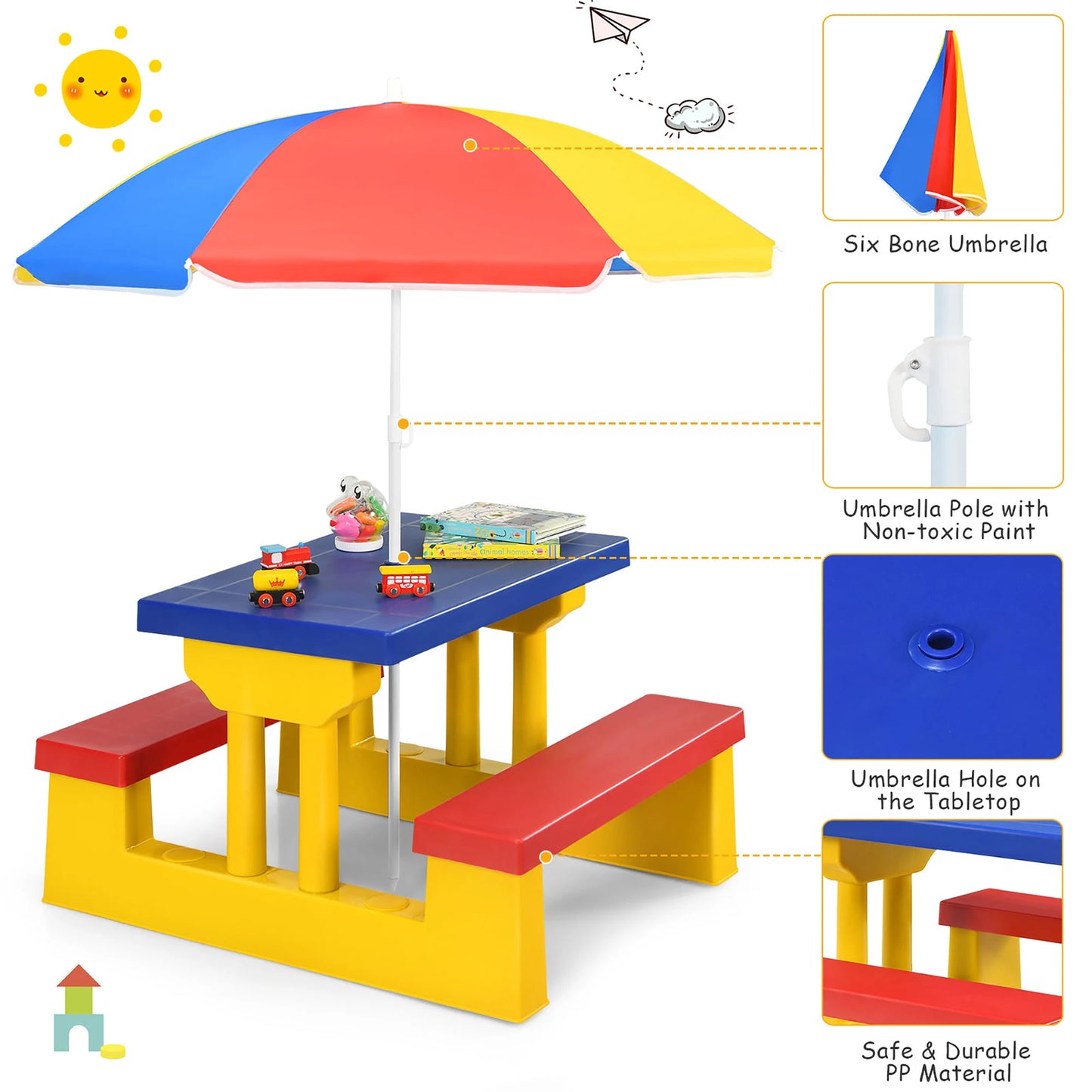 Kids Picnic Table Set With Removable Umbrella For Indoor Outdoor