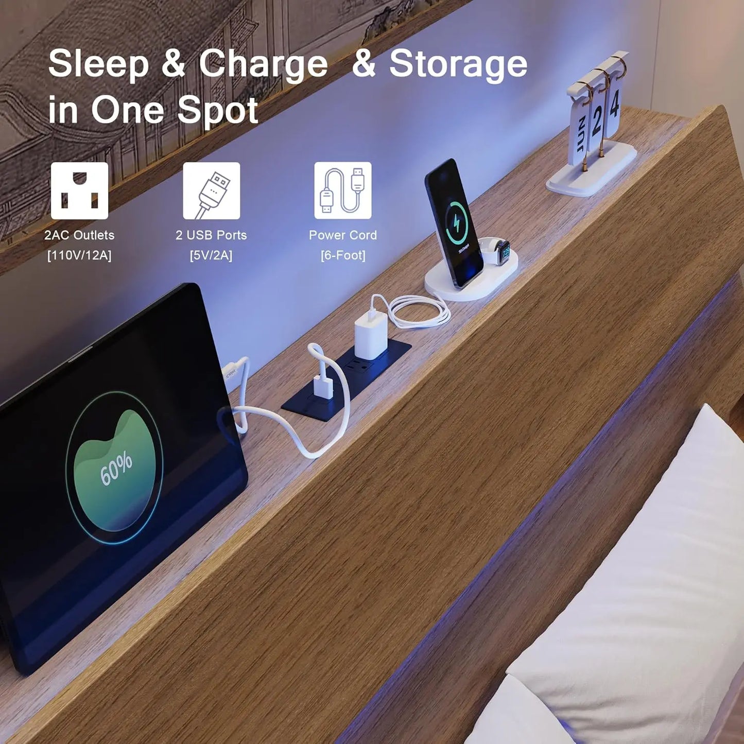 LED Headboard Floating Bed Frame With USB Charging Station Integrated