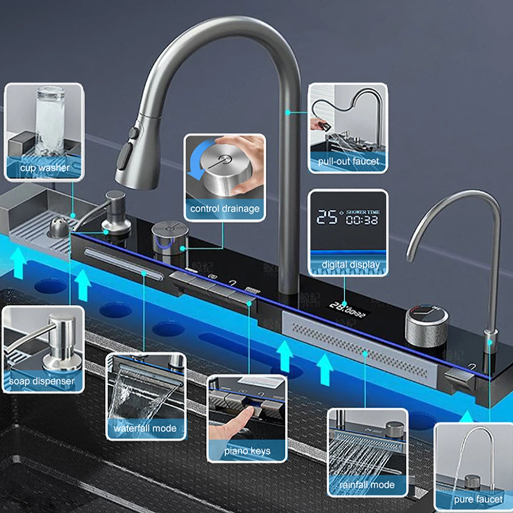 Multifunctional Kitchen Waterfall Sink With Digital Display, 304 Stainless Steel