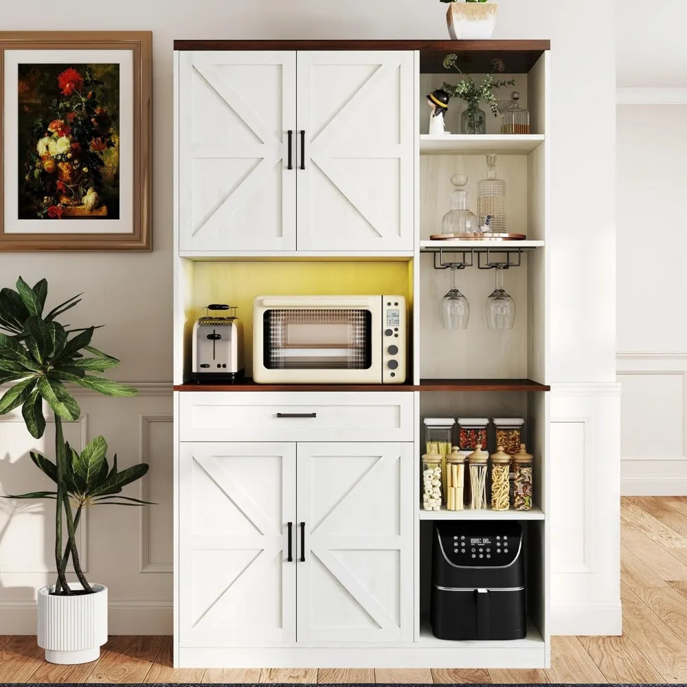 Farmhouse Kitchen Pantry Cabinet With Hutch And Charging Station