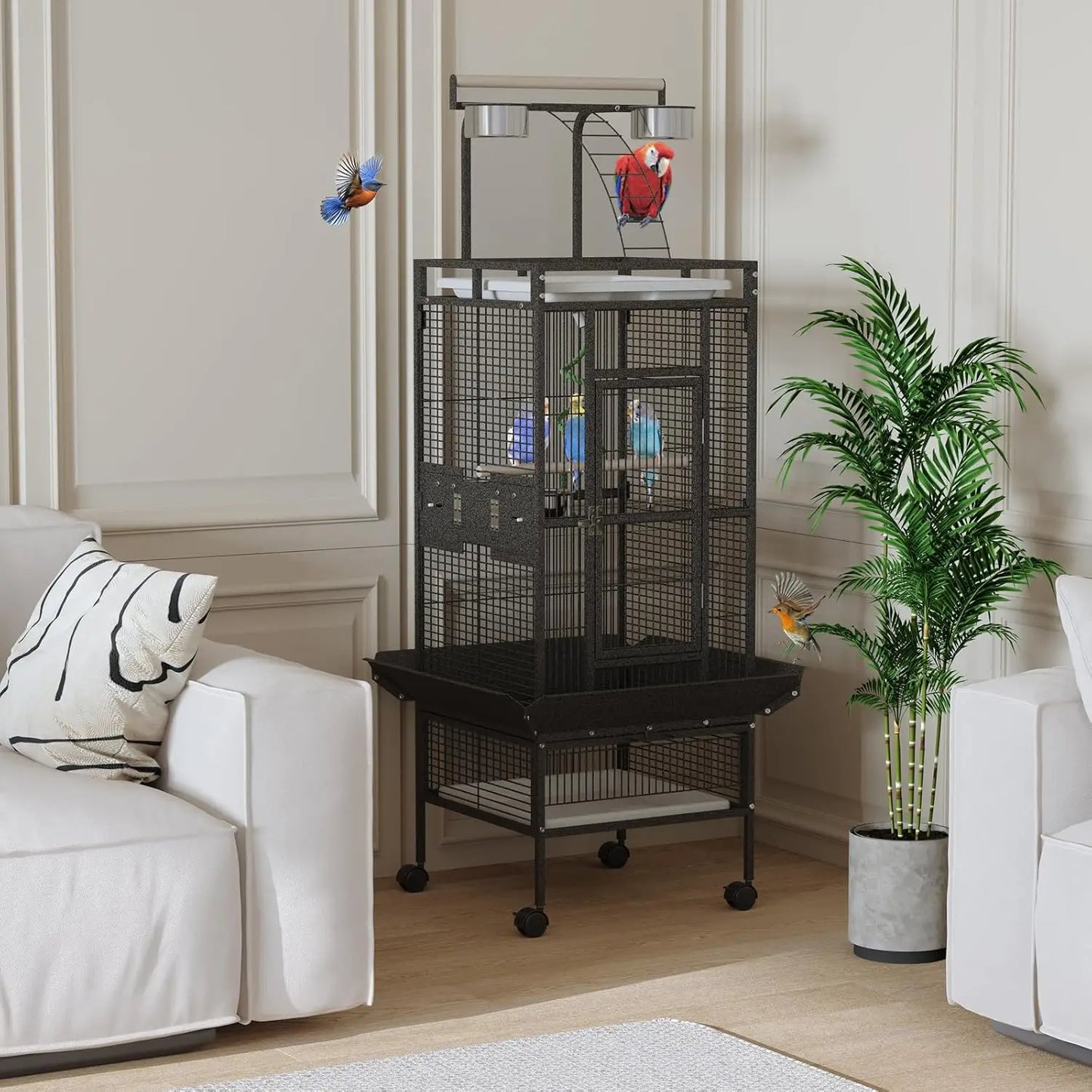 HiMISS Rolling Parrot Cage With Play Top Stainless Steel Bowls