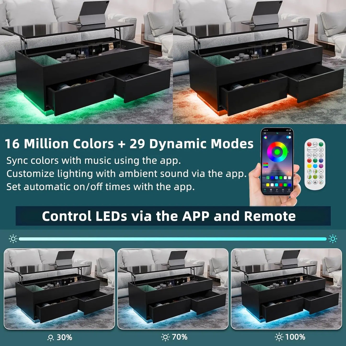 Lift Top Coffee Table With Storage And LED Modern Design