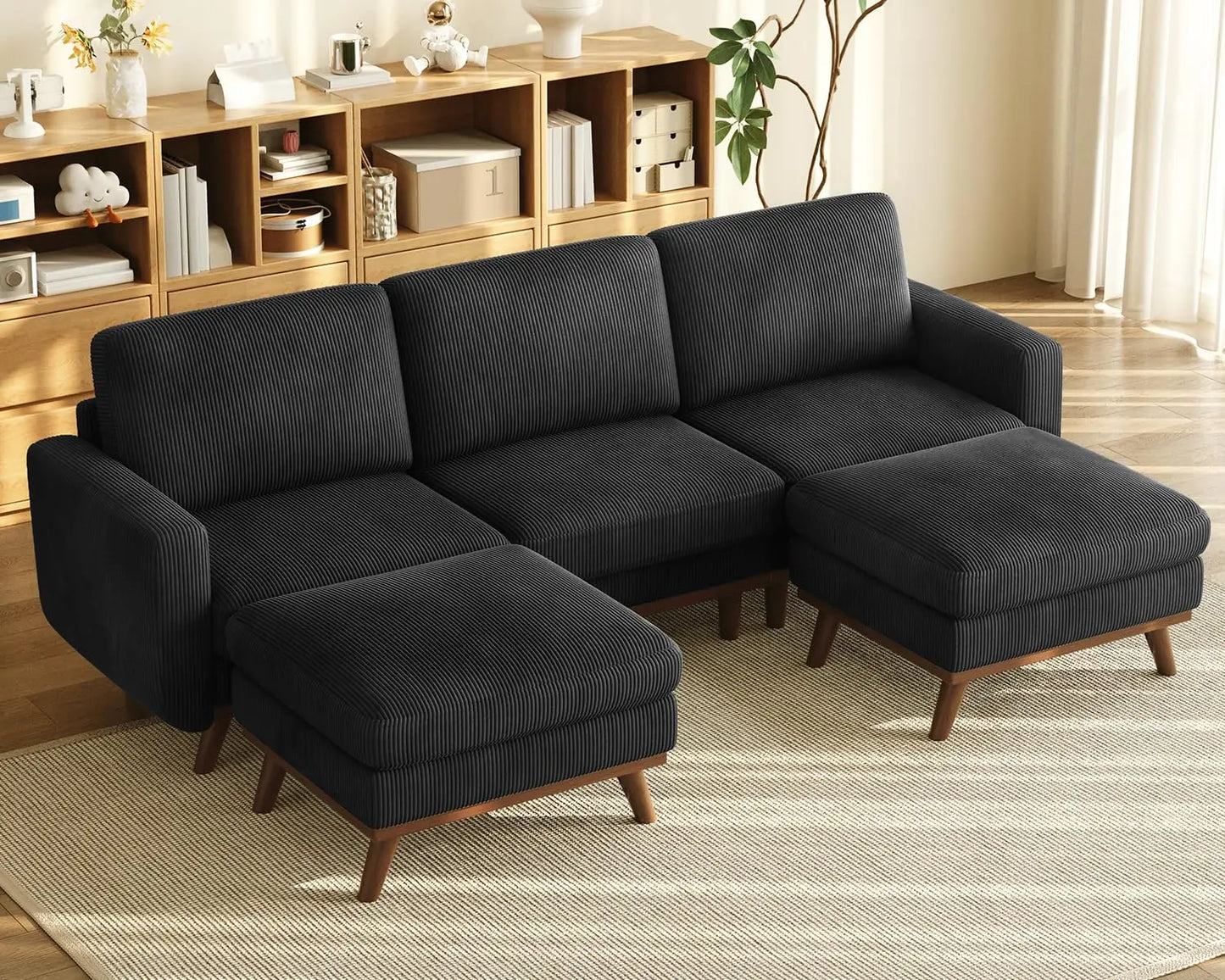L Shape Modular Sectional Sofa 3 Seat Corduroy Movable Ottoman